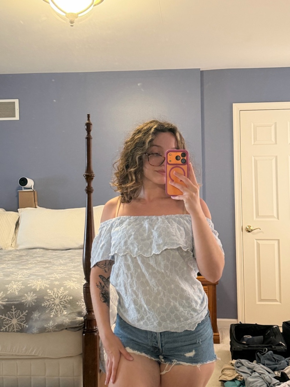 Off-Shoulder Light Blue Lace Women's Top